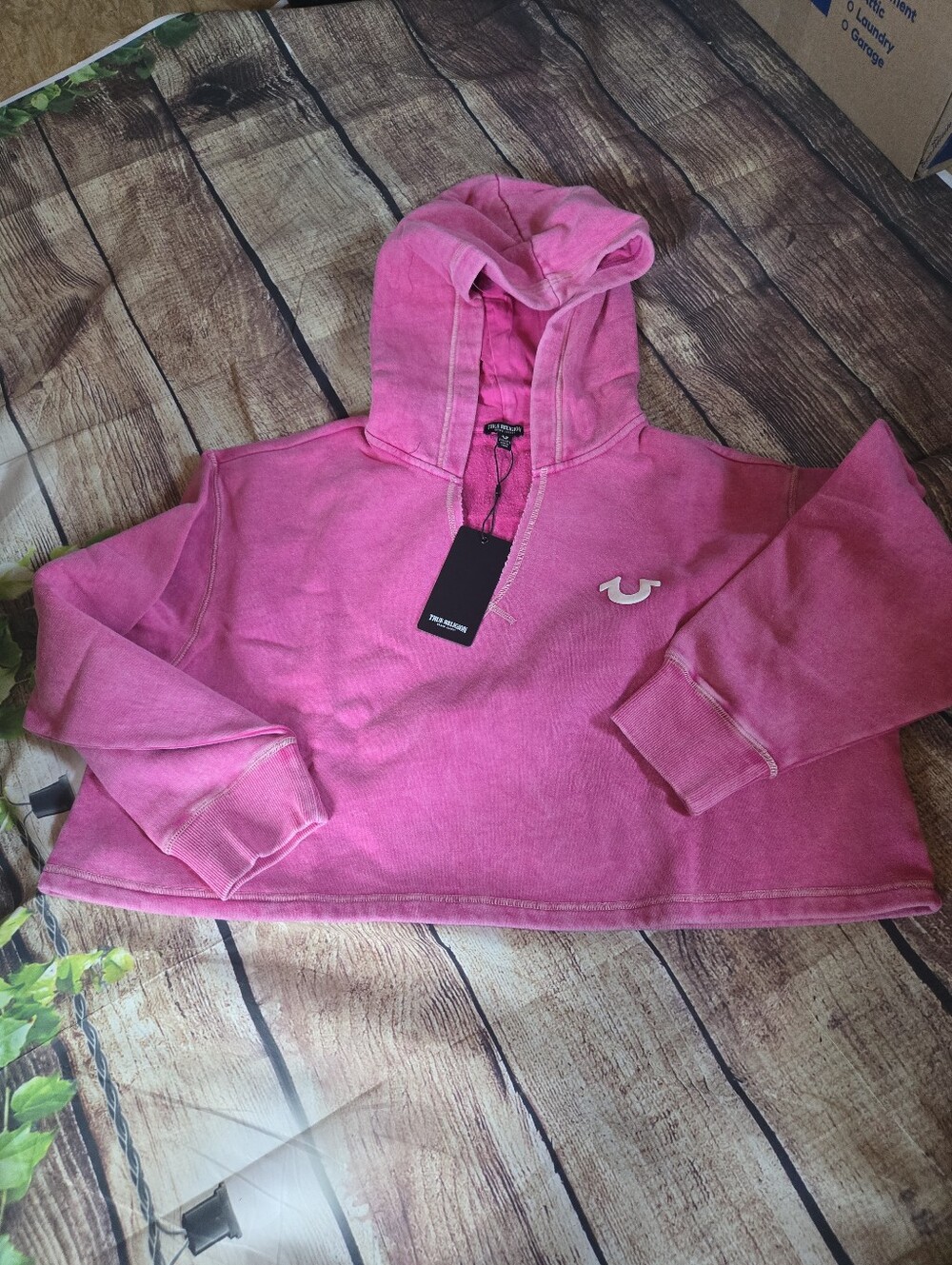 True Religion Hot Pink Cropped Hoodie with Horseshoe Logo